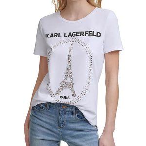 KARL LAGERFELD PARIS White Beaded Eiffel Tower Tee MEDIUM